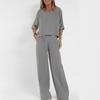 Pantalones Casuales de Moda con Bolsillos Traje de Playa Top de Manga Corta para Primavera y Verano Conjunto Pulóver para Mujer Algodón y Lino Color Sólido Dos Piezas