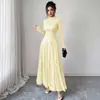Vestido largo de encaje con cuello medio de manga larga, estilo europeo y americano, transfronterizo, para mujer, con cintura ceñida, bajo acampanado y corte elegante y ajustado