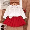 Conjunto de Dos Piezas para Niñas 2026 Estilo Academia Mangas de Princesa Bordadas + Falda Corta de Malla con Parches Plisados