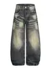 Jeans Retro de Pierna Ancha Estilo Hong Kong para Mujer Área Grande Lavado Blanco Pliegue Lavado a la Piedra Aspecto Desgastado Vibra Retro Pantalones de Largo hasta el Suelo Modernos