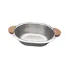 Tazón ovalado de acero inoxidable con doble asa y mango de madera, para restaurante comercial y hotel, ensaladera, tazón para pasta, tazón para frutas, vajilla al por mayor