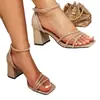 Sandalias de Tacón Grueso con Correa Fina de Diamantes Completos Color Dorado Champagne 2026 para Mujer, Sandalias de Tacón Grueso Brillantes con Correa de Tobillo de Pedrería para Vestido de Fiesta