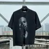 Camiseta de Manga Corta Holgada para Parejas de Ancianos Lavada Pesada con Estampado de Retratos Hip Hop Rap Estilo Americano Vintage Tendencia