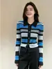 Cardigan de Tricô Gola Polo Listrado Color Block Estilo Coreano Feminino Outono Novo Retrô Emagrecedor Suéter Versátil Top A14546