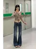 Jeans Yimengling de cintura baixa, levemente flare, mesmo estilo, para mulheres, nova coleção de outono, azul-cinza, estilo americano, slim-fit, calça flare da moda