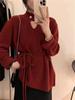 Suéter de Punto con Cintura Ajustable Otoño e Invierno Nuevo Largo Medio Suave Ceroso Estilo Perezoso Cuello Alto Cauchy Suéter Calado para Mujer