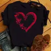 Top Novo de Manga Curta Verão 2025 com Estampa de Coração Camiseta de Gola Redonda para Mulheres