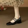 Sapatos femininos de salto médio-grosso, bico raso, cor prata, estilo francês, novos para 2026 Primavera/Verão, versáteis, estilo fada, com saias, sapatos Mary Jane