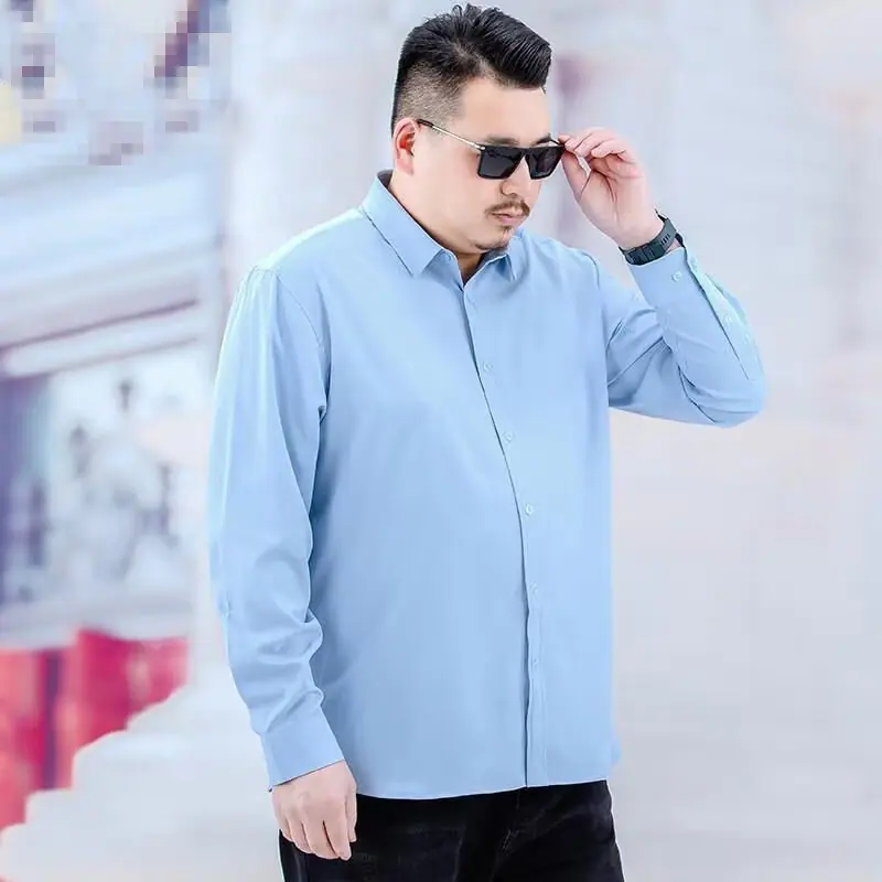 男士大码长袖衬衫胖子加肥加大号宽松职业装工装白色商务衬衣_5
