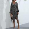 Bai Fen Zhi Yi Moda Transfronteriza Otoño Negro Ajustado Estampado Europeo y Americano Manga Larga Cuello en V Profundo Vestido con Abertura