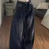 Pantalones anchos de corte curvo con pedrería negra brillante, jeans de moda estilo callejero europeo y americano con cintura estructurada