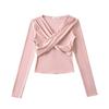 Pure Sexy Cruz V-neck Manga comprida Plissado forrado de lã Top Outono e Inverno Nova Slim-fit Slimming High-end Sense Base Shirt