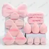Venta al por mayor transfronteriza Más vendido Set de 15 piezas de Diadema para el cabello con lazo en la muñeca de forro polar de coral y Esponja de maquillaje Directo del fabricante