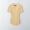 Top de punto de color liso, sencillo, de hombros rectos, escote en V profundo, manga corta para mujer, puro y seductor para el verano, corte ajustado, de alta gama, elegante, versátil