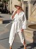Vestido Estilo Resort Francês para Mulheres Outono Novo Algodão e Linho Branco Cadarço Linha A Vestido Camisa Cintura Saia Longa para Mulheres