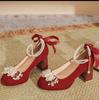 Tacones Altos de Punta Cuadrada, Tacones Gruesos, Zapatos Mary Jane para Mujer, Nuevos Zapatos Rojos de Boda 2024, Zapatos de Tacón Medio con Perlas