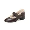 Sapatos Mary Jane de inverno estilo sal para meninas 2026 novo estilo laço doce bico redondo salto médio couro genuíno lã espessa sapatos femininos