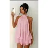 Vestido Sexy de Encaje con Cuello Halter, Espalda Descubierta y Cordones, Mangas Cortas, Estilo Europeo y Americano, Transfronterizo, Elegante para Vacaciones y Descanso
