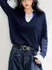 Suéter de punto azul marino, nuevo estilo otoño e invierno, tejido elegante y moderno para mujer, suéter de cuello redondo de manga larga maduro y adelgazante