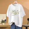 Camiseta Oversized Manga Curta Estilo Europeu para Mulheres, 100% Algodão Puro, Caimento Solto, Tamanho Grande, Emagrecedora, Novo Estilo de Verão, Cobre os Quadris