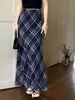 Falda a Cuadros de Gasa con Textura Literaria Retro para Mujer, Falda de Cola de Pescado, Aspecto Adelgazante de Verano, Falda Larga Elegante a Cuadros