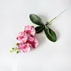 Orquídea Phalaenopsis artificial de 4 flores y 3 hojas con tallo, material de flor de pared decorativa de fondo hecho a mano para decoración de bodas y hoteles, flor artificial individual