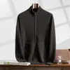 Novo Suéter de Caxemira 100% Puro Outono e Inverno Masculino Espessado Gola Alta Meia Bolso Duplo Zíper Cardigan Casaco Suéter Casual