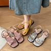 Verão 2025 Chinelos Franceses Retrô Fivela de Cinto de Uma Linha Bico Aberto Bico Quadrado Sandálias Rasteirinhas Femininas Salto Baixo Sapatos Romanos