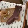 Meias femininas marrons para outono e inverno com laços, meias de cano médio doces e fofas, meias de algodão sem costura, meias largas estilo Maillard para primavera e outono