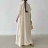 Vestido camisero casual de algodón y lino de manga corta para mujer, estilo japonés Rakuten, exportación coreana, corte holgado, con cuello desplegable