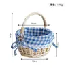 Cesta de mão trançada com forro xadrez de linho, cesta de frutas com alça móvel, cesta de flores trançada, cesta de armazenamento para casa