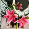Flor de Lírio Artificial 3D de Cabeça Dupla Broto Pintura a Óleo Lírio 3 Cabeças de Flor com Película de Broto Azul Roxo Verde Menta Cruz de Casamento