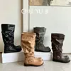 Botas retro apiladas Chuyuji para mujer, nuevo estilo otoño e invierno 2026, que aumentan la altura, botas de vaquero occidentales Maillard
