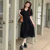 Vestido largo de color liso estilo francés con mangas abullonadas, botones irregulares y cuello en V para mujer, elegante línea A con ajuste en la cintura para verano