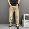 Calça Jeans Jacquard Lavado para Homens, Design de Primavera e Outono, Calças de Corte Reto para Mulheres, Luxo de Nicho, Caimento Solto, Drapeado, Calças Compridas