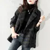 Blazer de Lã Xadrez para Mulheres 2025 Outono Novo Estilo Coreano Solto Retro Casaco de Lã Xadrez Comprimento Médio