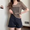Suéter Pulôver Gola Redonda Vazado de Manga Curta Feminino Verão Fino Solto Doce Bonito Top Curto Blusa Sexy
