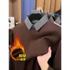 Suéter grosso com forro de fleece para outono e inverno, gola de camisa, camisa base de tricô quente para homens de meia-idade, contém lã de ovelha