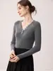 Suéter 100% cachemira pura para mujer, cuello en V, con un botón decorativo, corte ajustado, manga larga, estilo jersey, capa base de punto