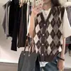 Chaleco de punto a cuadros estilo universitario para otoño e invierno para mujer, corte holgado, chaleco suéter sin mangas versátil para estudiantes