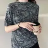 Camisa Base de Malha com Mistura de Lã Tencel Estampada Halo de Manga Média para Mulheres, Estilo Outono, Gola Alta, Top Slim