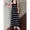 Vestido de Ganchillo a Rayas Blancas y Negras con Bloques de Color Estilo Vacacional Transfronterizo, Vestido Largo Ajustado