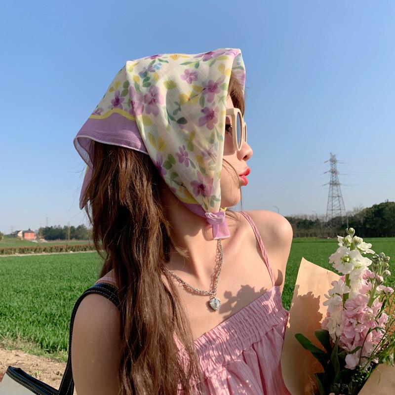 小清新棉麻围巾小方巾女花朵小碎花文艺复古领巾春夏装饰发带头巾