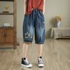 Vestido de Verano 2024 Estilo Mori Girl Japonés Dibujos Animados Bordado Floral Cintura Elástica Pantalones Vaqueros Lavados de Seis Puntos Mujer