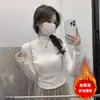 Camisa Base Branca com Forro de Lã e Gola Alta Meia-Boca para Mulheres, Camada Interna Curta Espessa para Outono e Inverno, Top de Veludo Alemão, Camiseta de Manga Longa para Tamanhos Petite