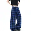 Pantalones de cuadros azules estilo americano transfronterizos para hombre, cintura con estampado de letras de verano, pantalones deportivos a cuadros, pantalones casuales rectos de pierna ancha
