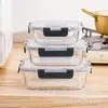 Contenedor de alimentos de vidrio negro simple con cierre a presión, juego de tres piezas, rectangular, gran capacidad, hermético, apto para microondas