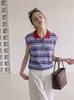 Top de Malha de Seda Gelada com Gola Listrada Contrastante e Mangas Curtas para Mulheres - Verão, Rejuvenescedor, Versátil, Camiseta de Manga Curta