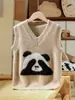 Colete de Tricô Espesso com Gola V, Sete Pontos, Lã Pura, Novo para Outono/Inverno 2025, com Padrão Jacquard de Panda, Quente para Meninos e Meninas