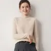 Camiseta básica sin costuras 100% cachemira pura de cuello semi-alto para mujer, top de manga larga ajustado a la moda para otoño e invierno